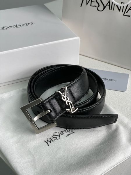 Yves Saint Laurent Cassandre Belt With Square Buckle Black/Silver 66120 фото
